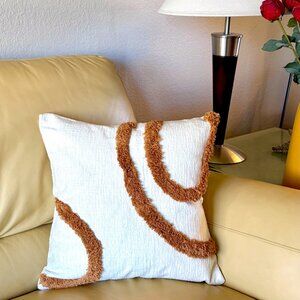 Contemporary Boho Modern Beige Orange Tan Tufted Loop 18" Throw Pillow Cover New